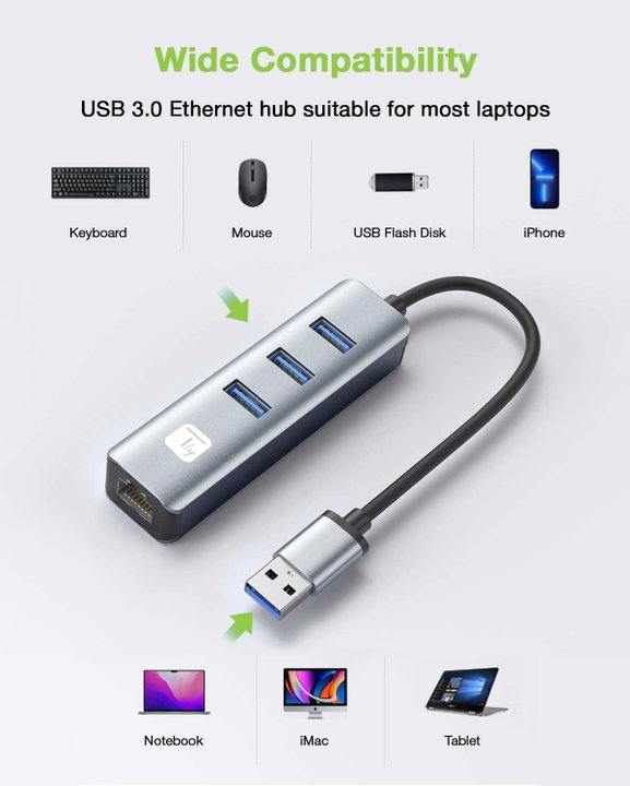 Adattatore USB-A a RJ45 Gigabit con Hub 3 Porte USB 3.2 5 Gbps - Techly IDATA USB-ETGIGA3AA