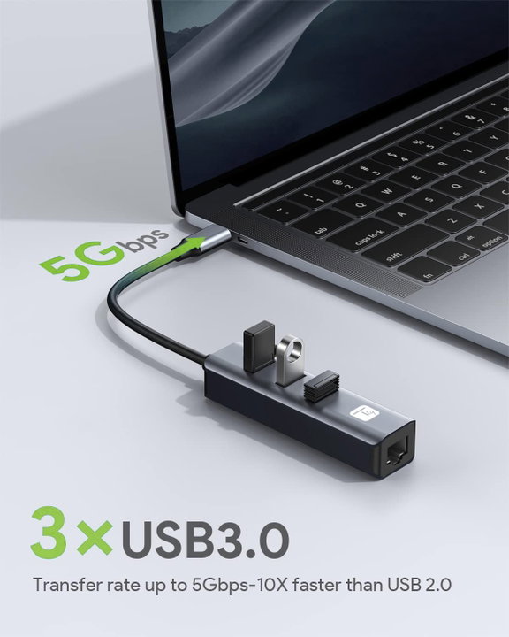 Adattatore USB-C a RJ45 Gigabit con Hub 3 Porte USB 3.2 5 Gbps - Techly IDATA USB-ETGIGA3CA