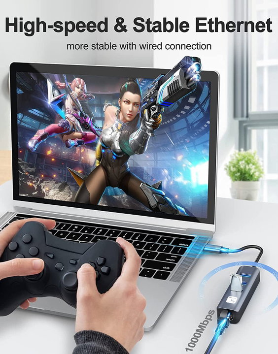 Adattatore USB-C a RJ45 Gigabit con Hub 3 Porte USB 3.2 5 Gbps - Techly IDATA USB-ETGIGA3CA