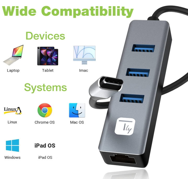 Adattatore USB-C a RJ45 Gigabit con Hub 3 Porte USB 3.2 5 Gbps - Techly IDATA USB-ETGIGA3CA