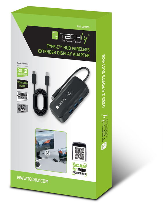 Wireless video extender adapter with USB-C hub 5 -in- 1 - Techly IDATA USBC-HUB 5 WL