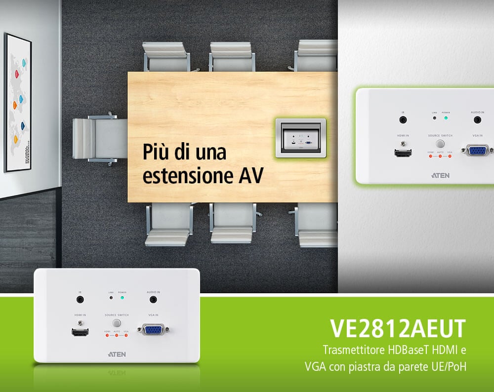 Trasmettitore HDBaseT HDMI VGA Piastra da Parete 4K a 100m, VE2812AEUT - Aten IDATA VE-2812AEUT