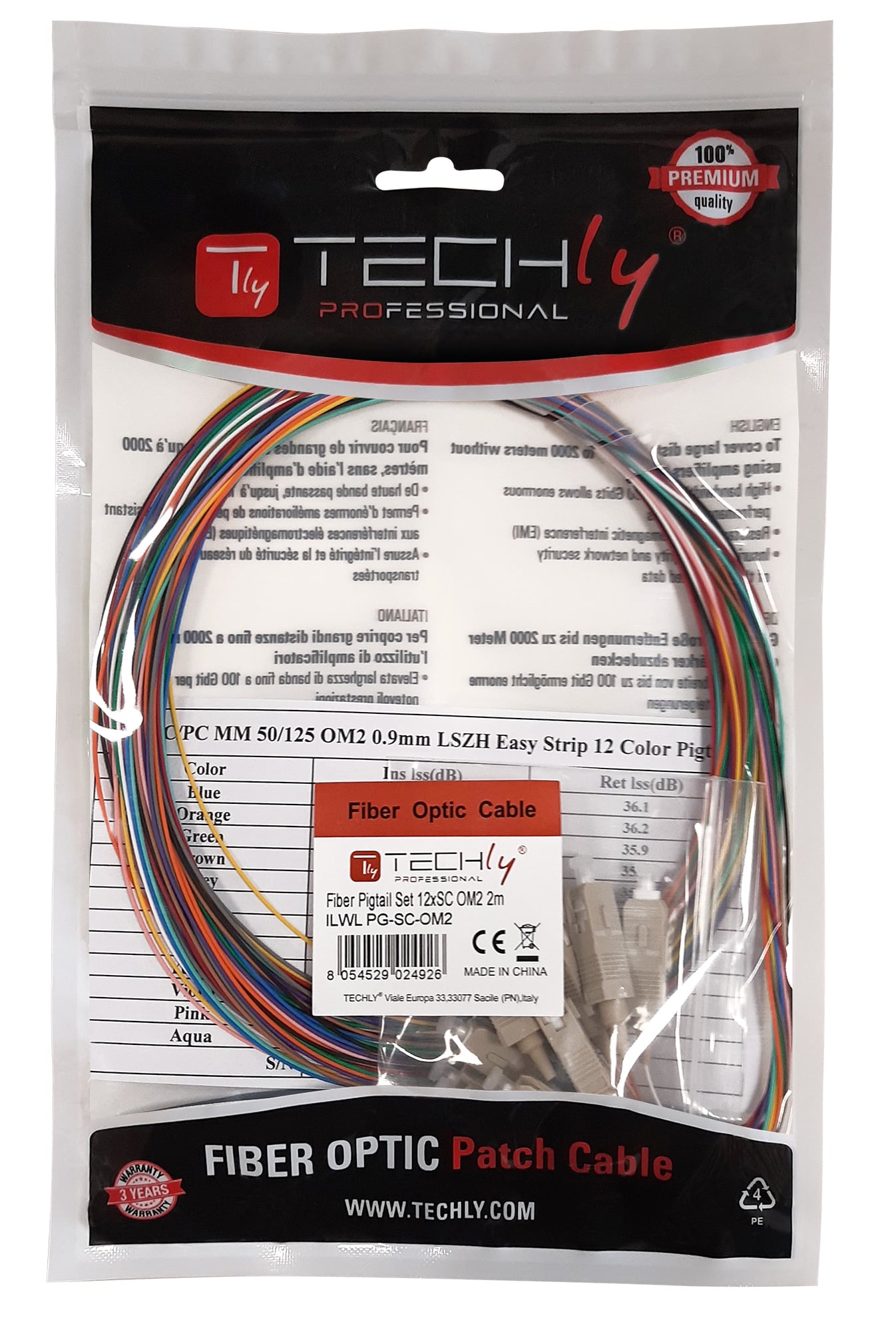 Set 12 Pigtail Fibra Ottica Multimodale OM3 SC 50/125 2m - Techly Professional ILWL PG-SC-OM3