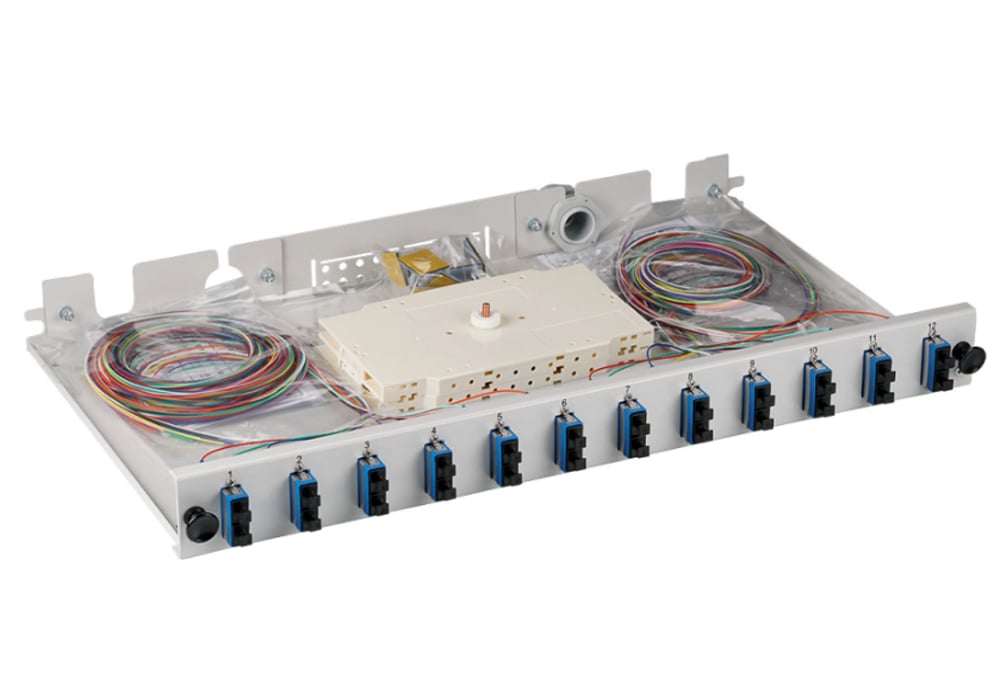 Cassetto Ottico 19'' Assemblato con 12 Bussole e 24 Pigtails SC Duplex Monomodale OS2 - ILWL SB-PG-12SCOS2G