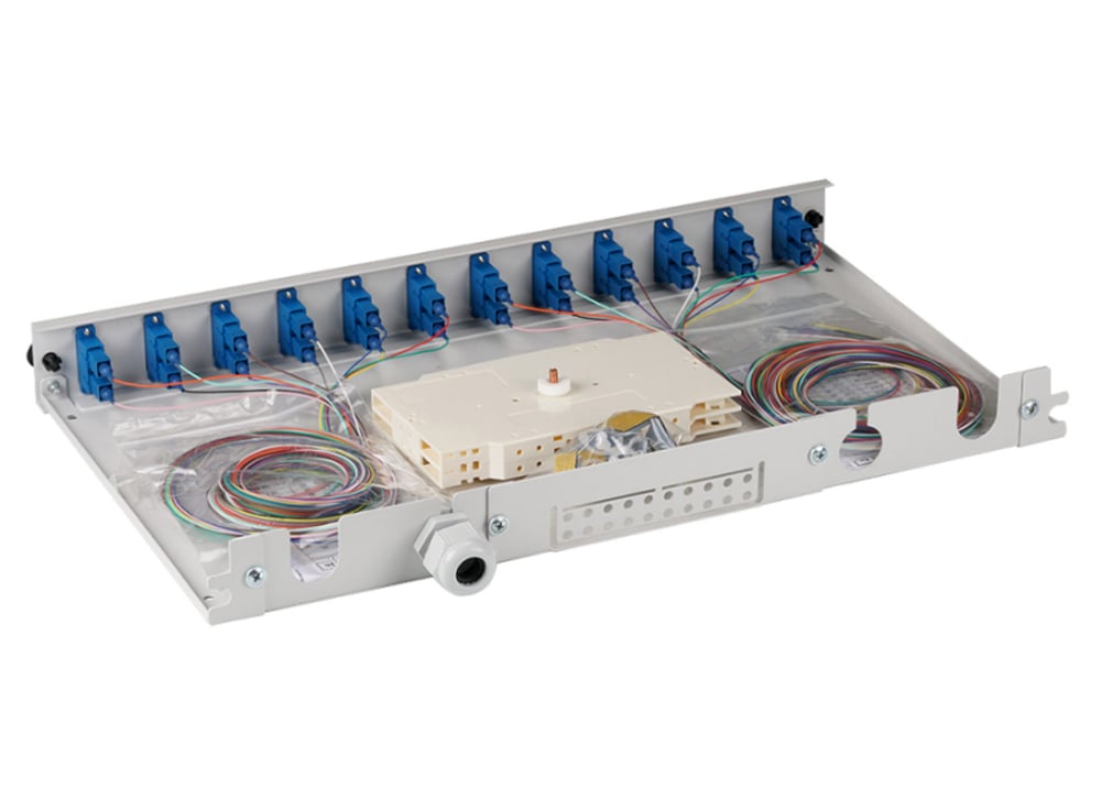 Cassetto Ottico 19'' Assemblato con 12 Bussole e 24 Pigtails SC Duplex Monomodale OS2 - ILWL SB-PG-12SCOS2G
