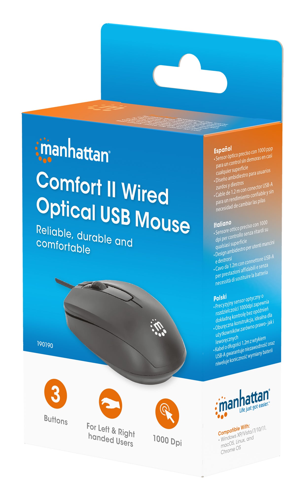 Mouse Ottico USB 1000 Dpi Nero, Confort II - Manhattan IM 1000-U-BK