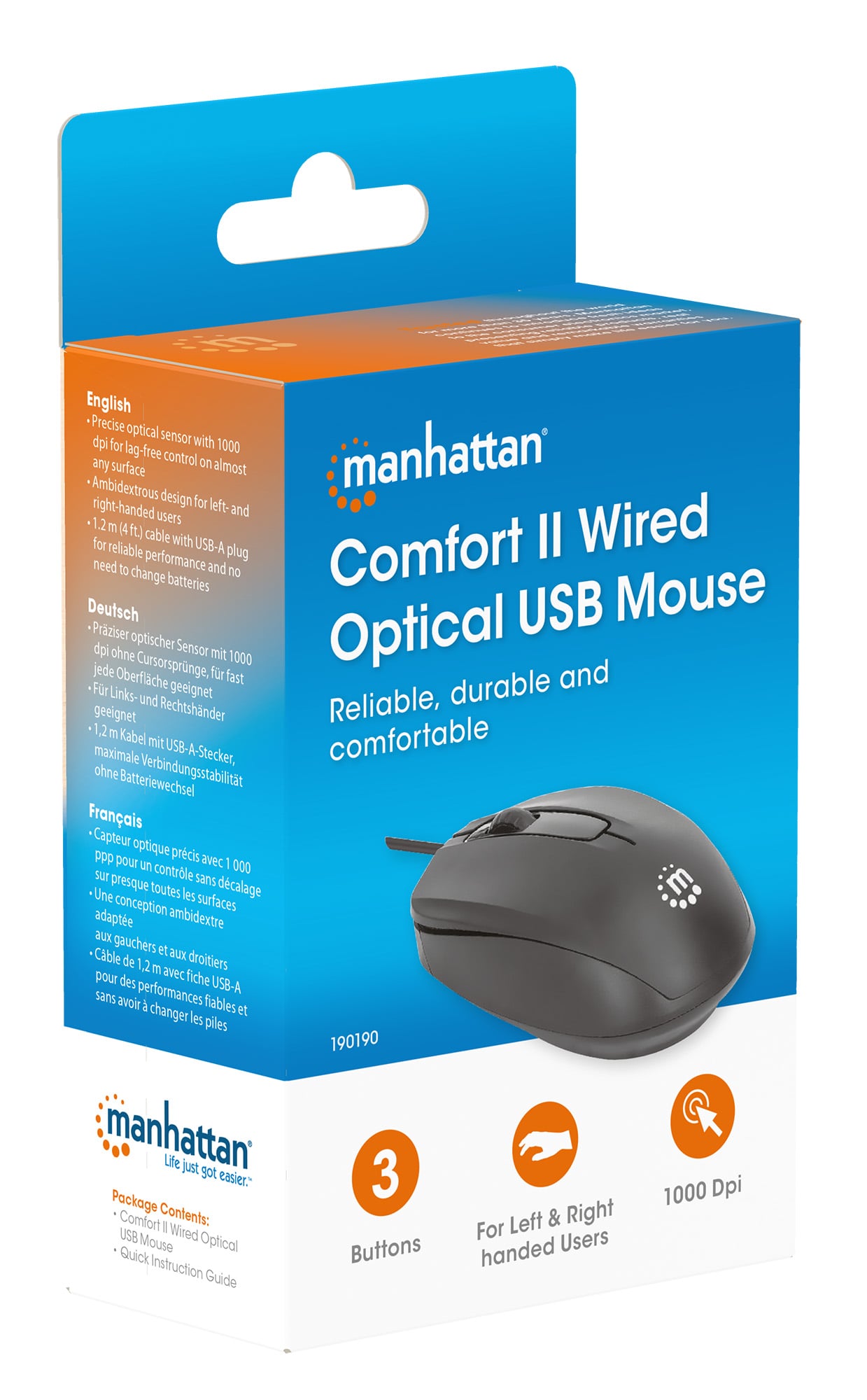 Mouse Ottico USB 1000 Dpi Nero, Confort II - Manhattan IM 1000-U-BK