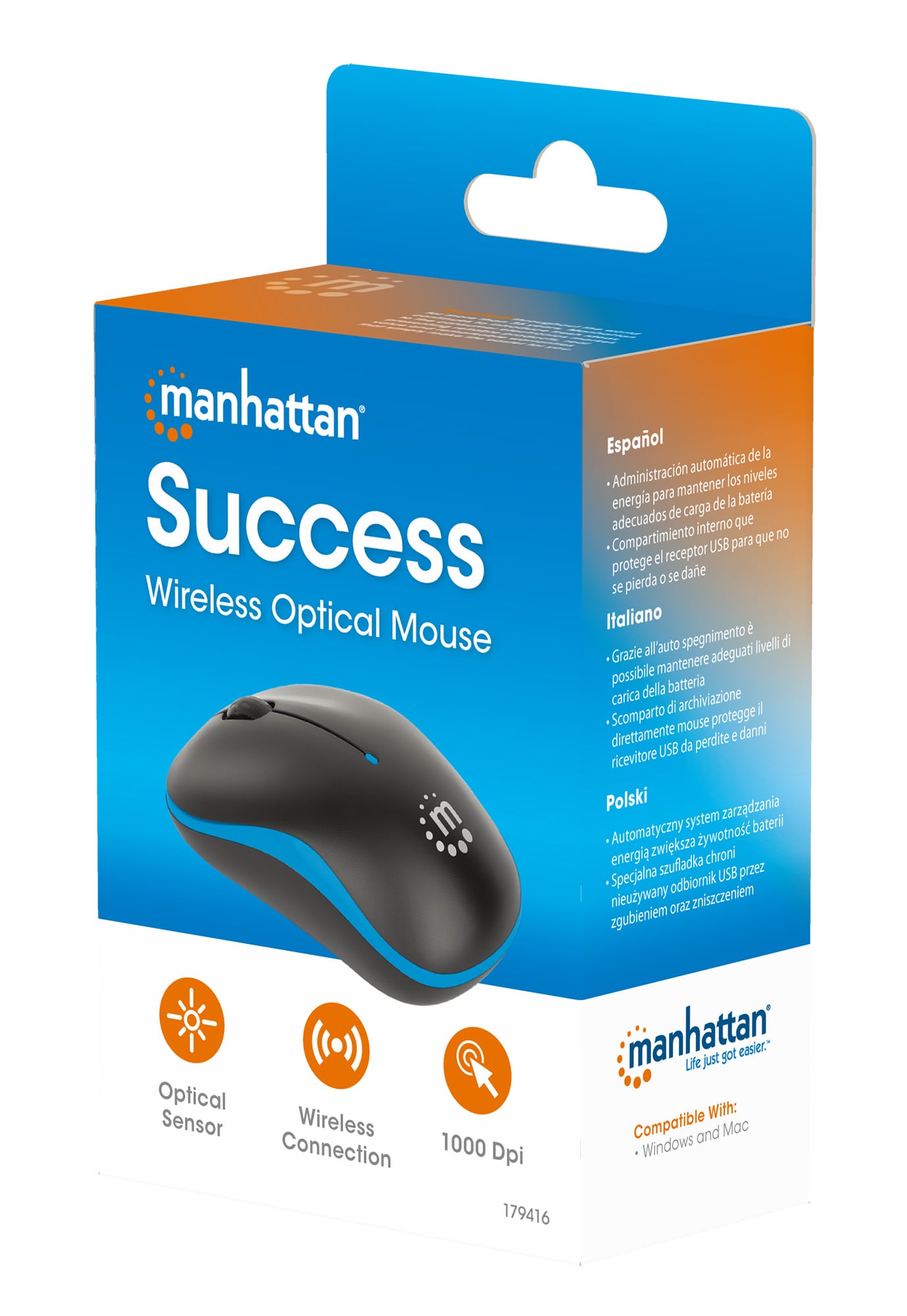 Mouse Ottico Wireless con Micro Ricevitore USB 1000 Dpi Nero/Azzurro - Manhattan IM 1000-WL-BBL
