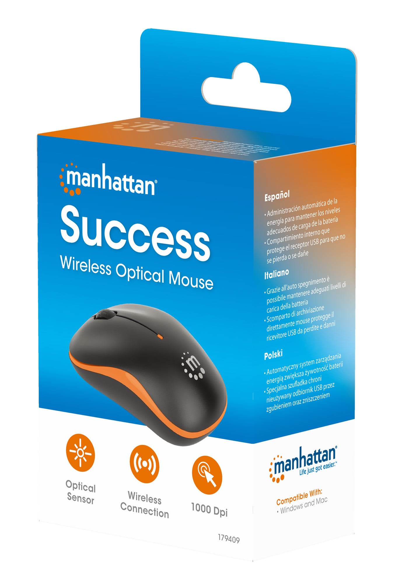 Mouse Wi-Fi Wireless 1000 Dpi Black/Orange - Manhattan IM 1000 -WL-BOR