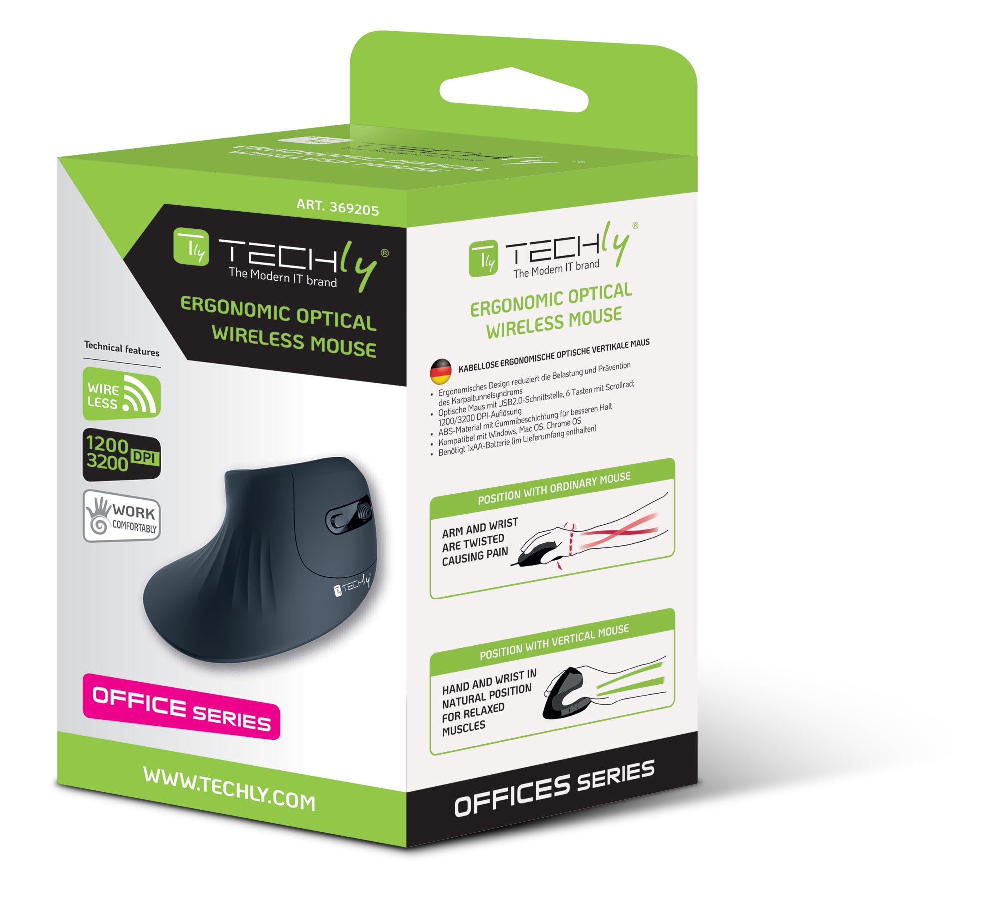 Mouse Verticale Ottico Wireless 3200 Dpi Ergonomico - Techly IM 1100-VM-B