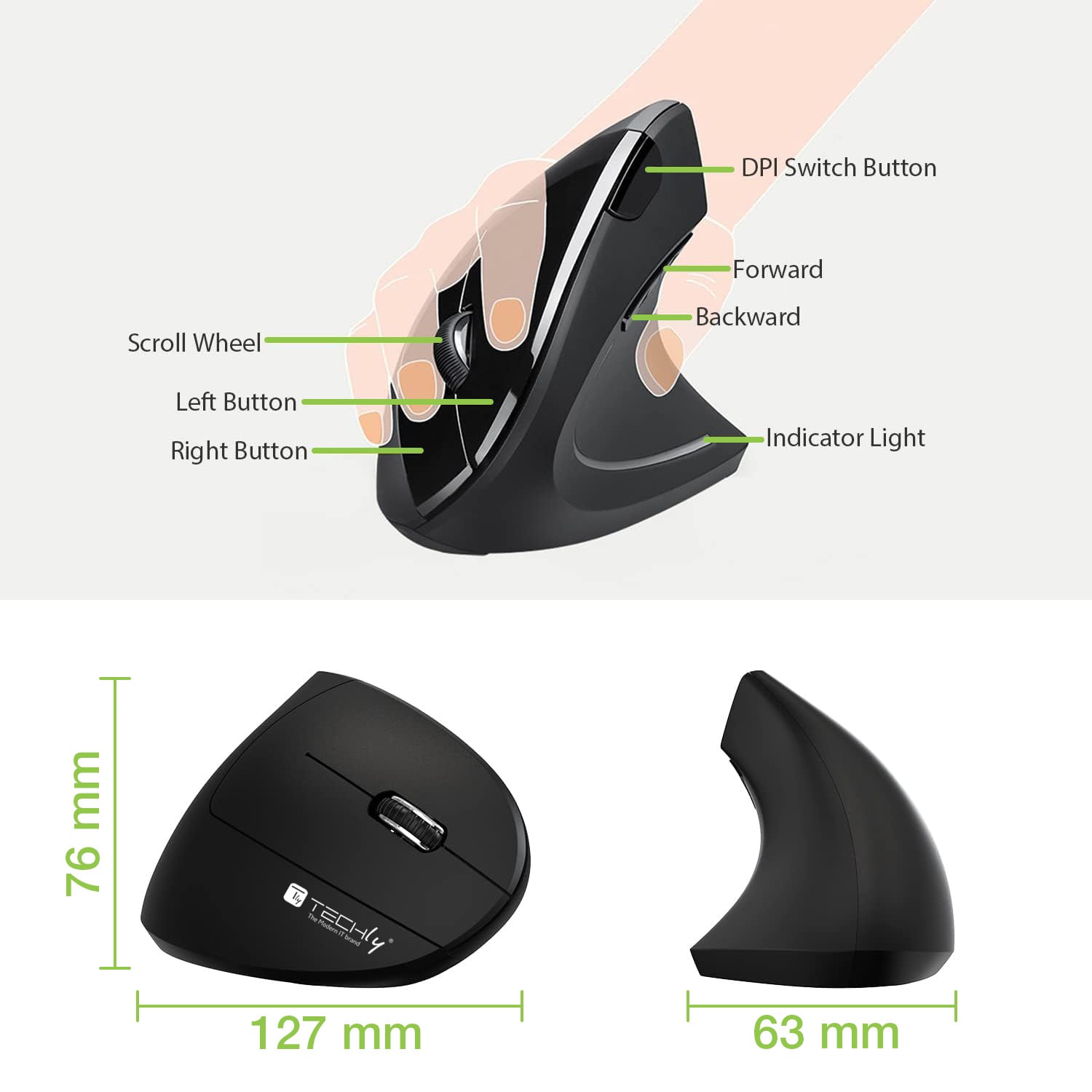 Mouse Verticale Ottico Wireless 1600 Dpi Ergonomico - Techly IM 1200-VM-B