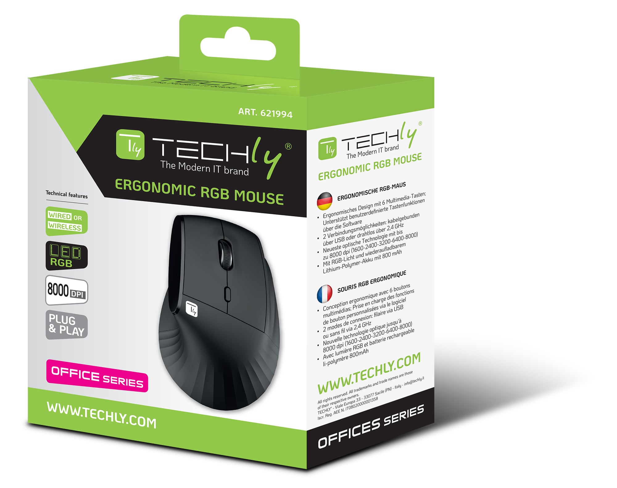 Mouse Ergonomico RGB Wireless + USB 2.4G Nero - Techly IM 1300-VM-RGB
