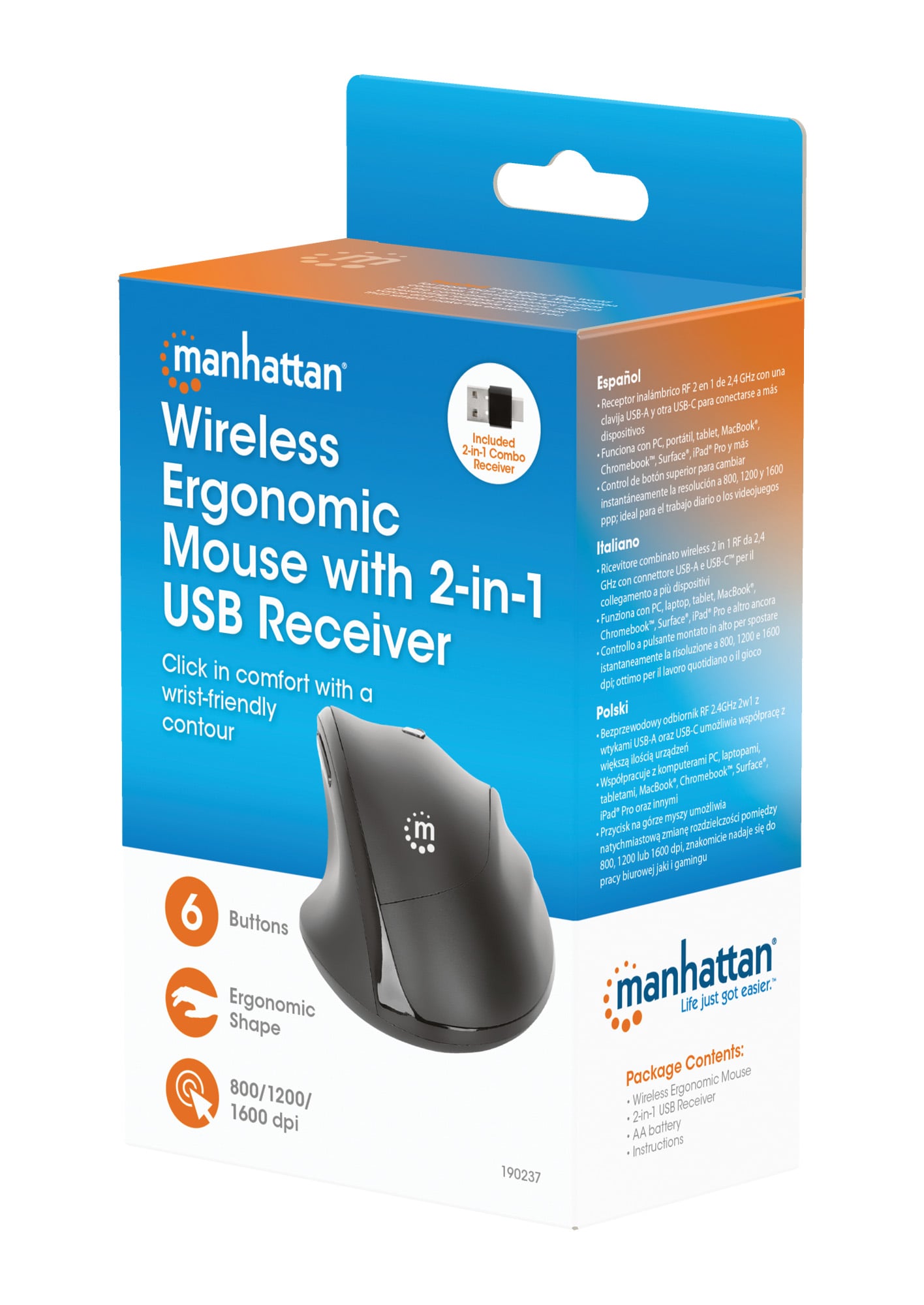 Mouse ergonomico wireless con ricevitore USB 2 in 1 - Manhattan IM 1600-WL-ERGO-UC