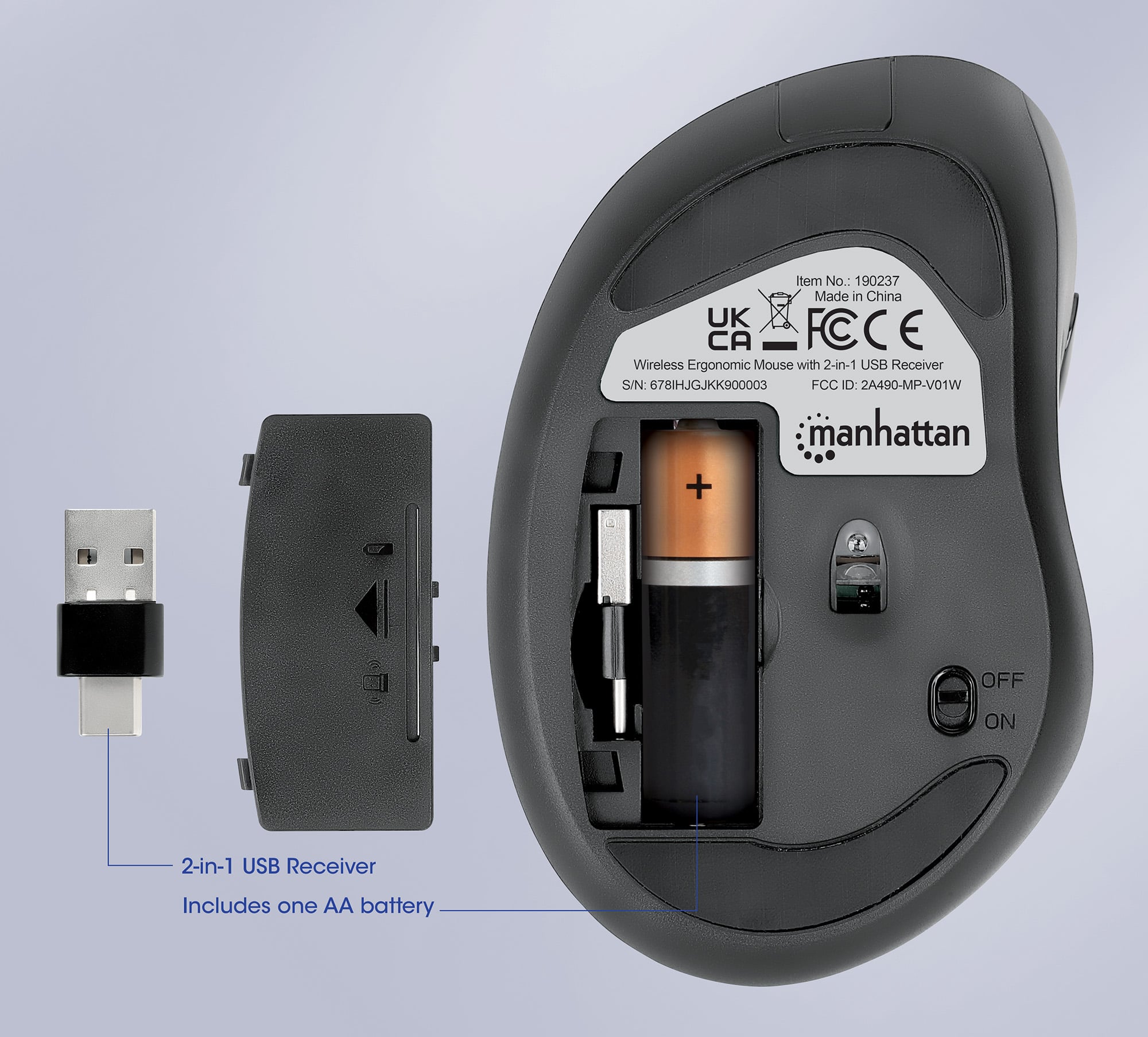 Mouse ergonomico wireless con ricevitore USB 2 in 1 - Manhattan IM 1600-WL-ERGO-UC