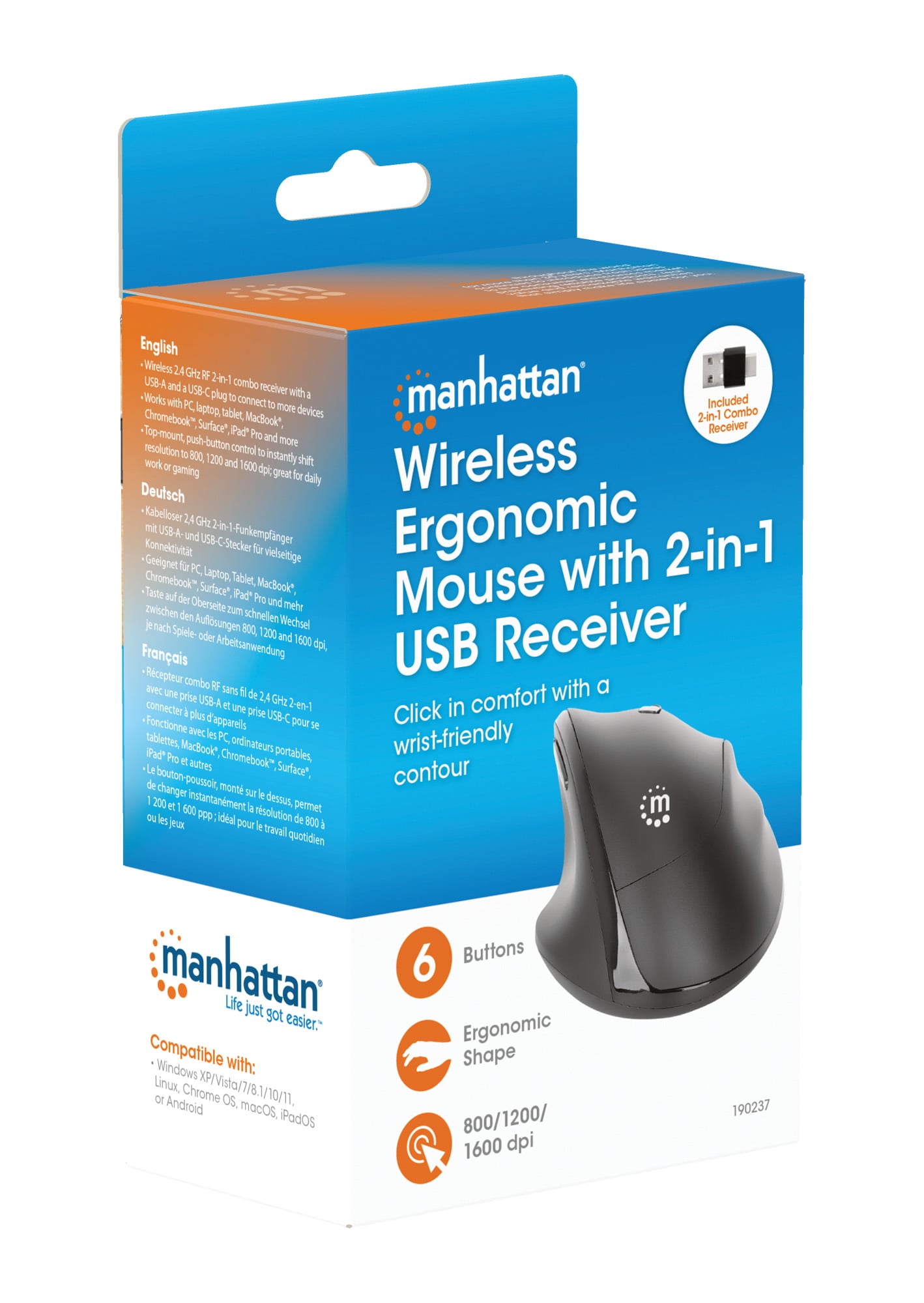 Mouse ergonomico wireless con ricevitore USB 2 in 1 - Manhattan IM 1600-WL-ERGO-UC