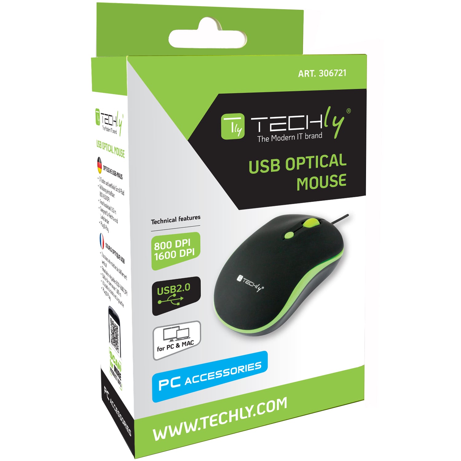 Mouse Ottico USB 1600 Dpi Nero/Verde - Techly IM 1600-WT-BG