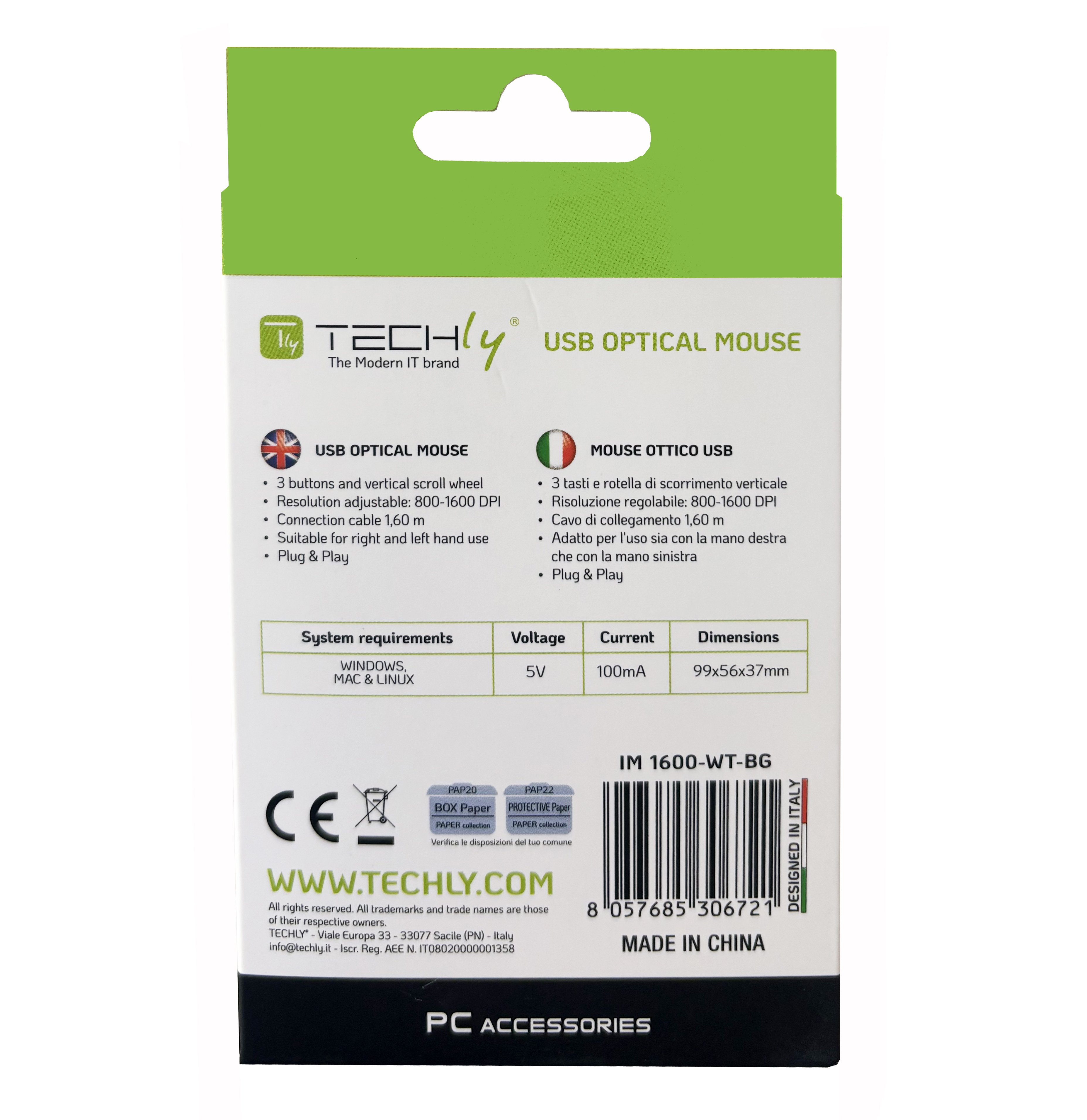 Mouse Ottico USB 1600 Dpi Nero/Verde - Techly IM 1600-WT-BG