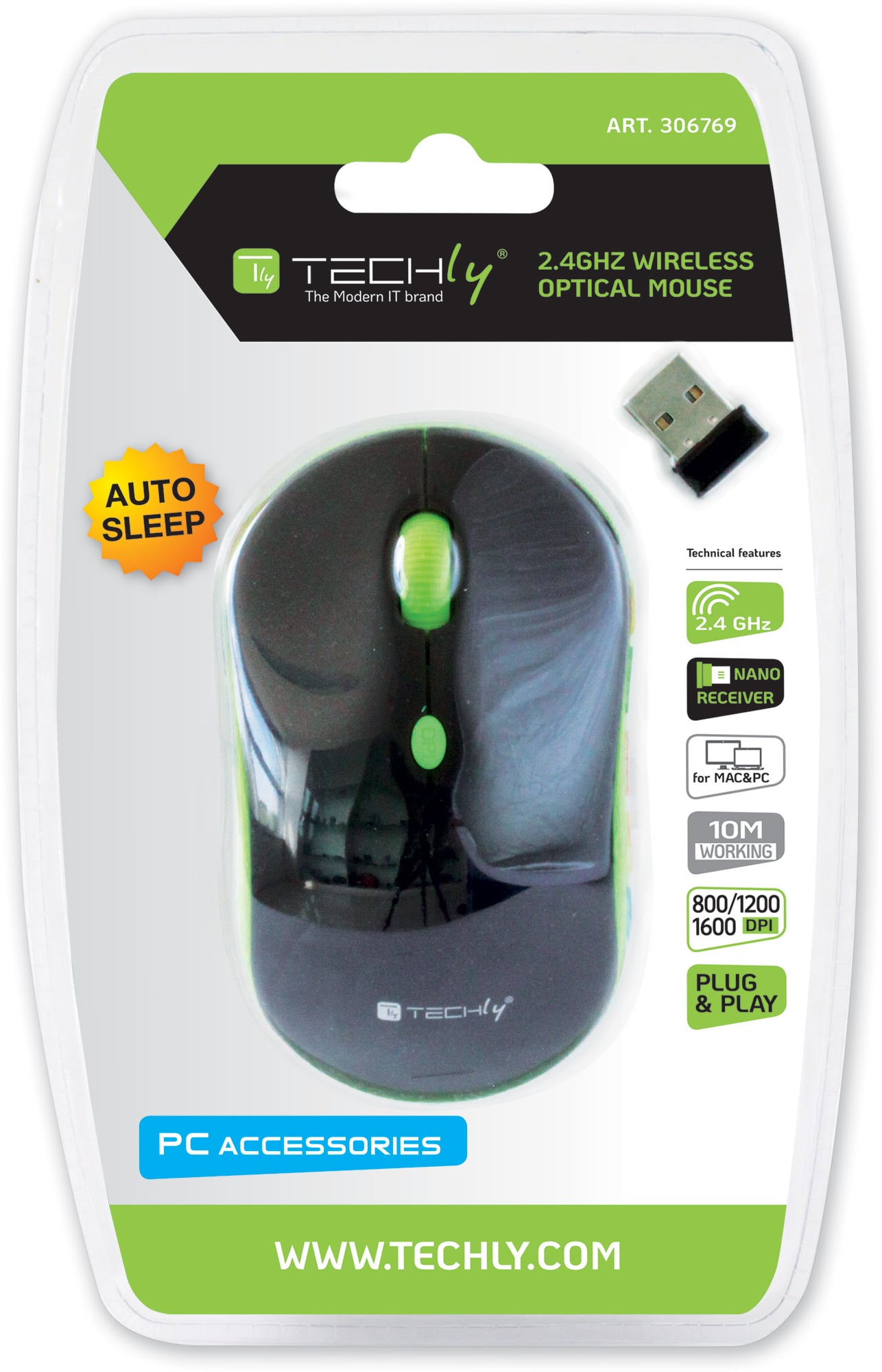 Mouse Ottico Wireless 1600 Dpi Nero/Verde - Techly IM 1600-WT-BGW