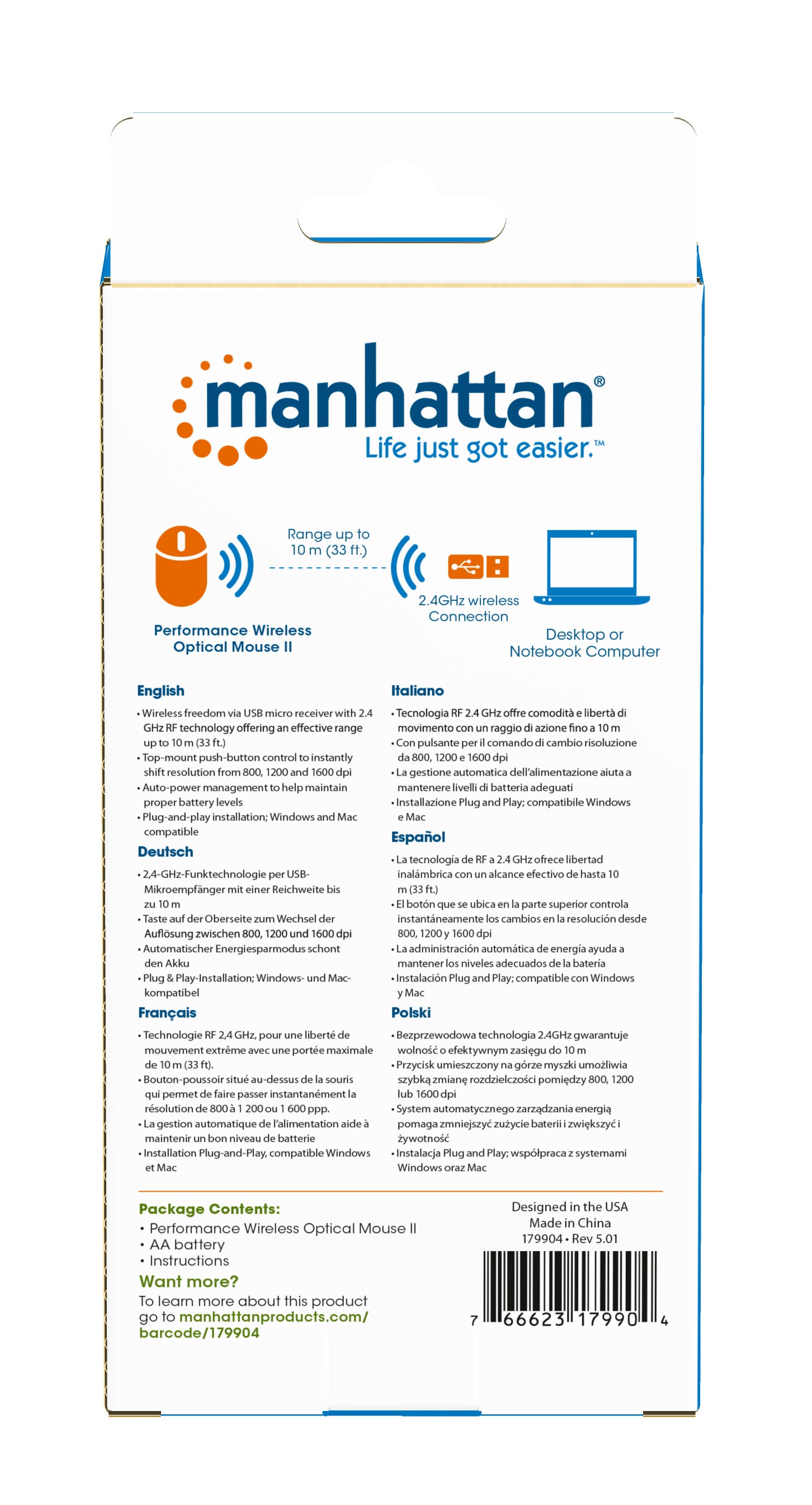 Mouse Ottico Wireless 1600 Dpi Nero, Performance II - Manhattan IM 179-WL-B