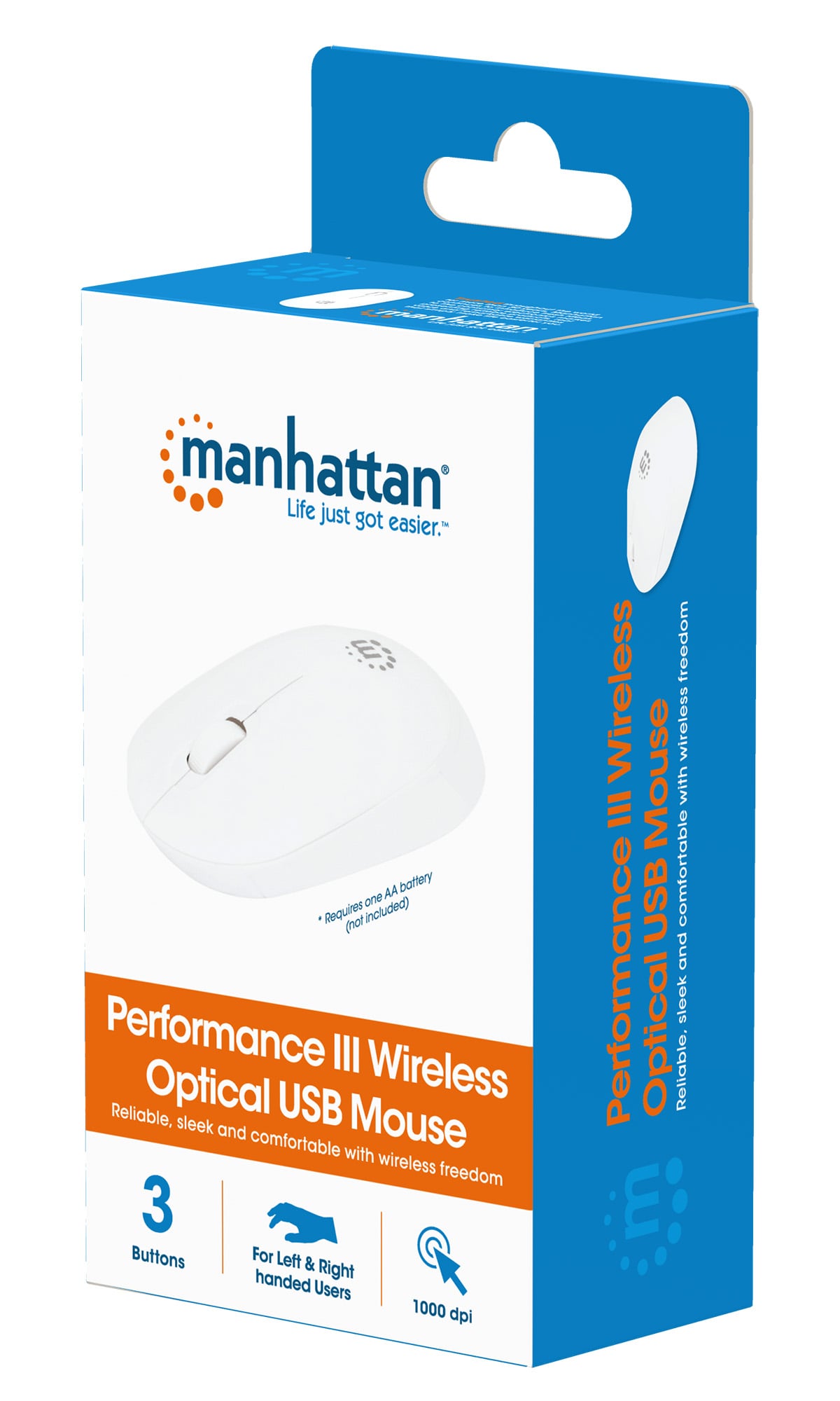 Mouse Ottico Wireless USB 1000 Dpi Bianco, Performance III - Manhattan IM 190-1200WWH