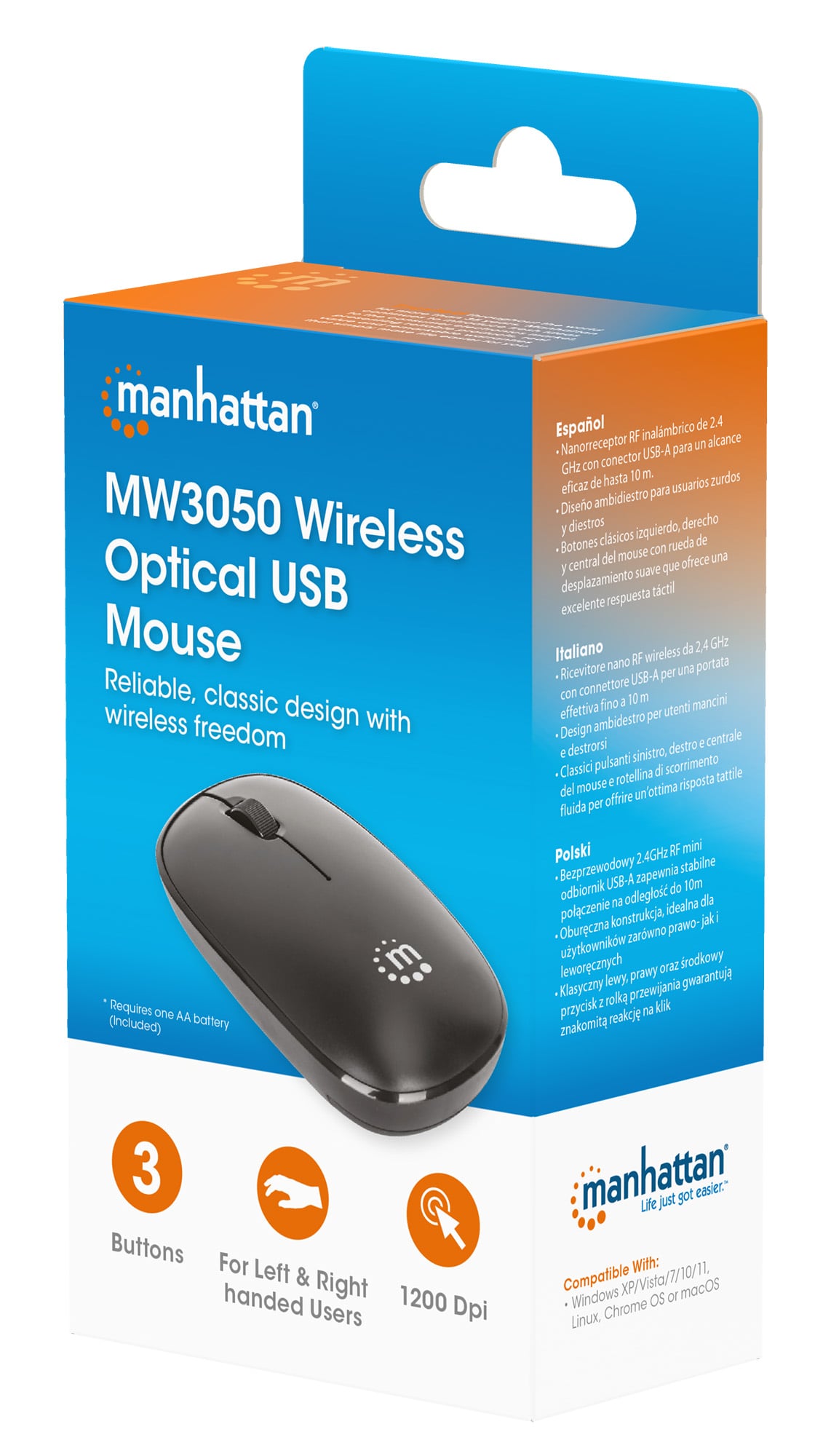 Mouse Ottico Wireless USB 1200 Dpi Nero, MW3050 - Manhattan IM 190-ELWBK