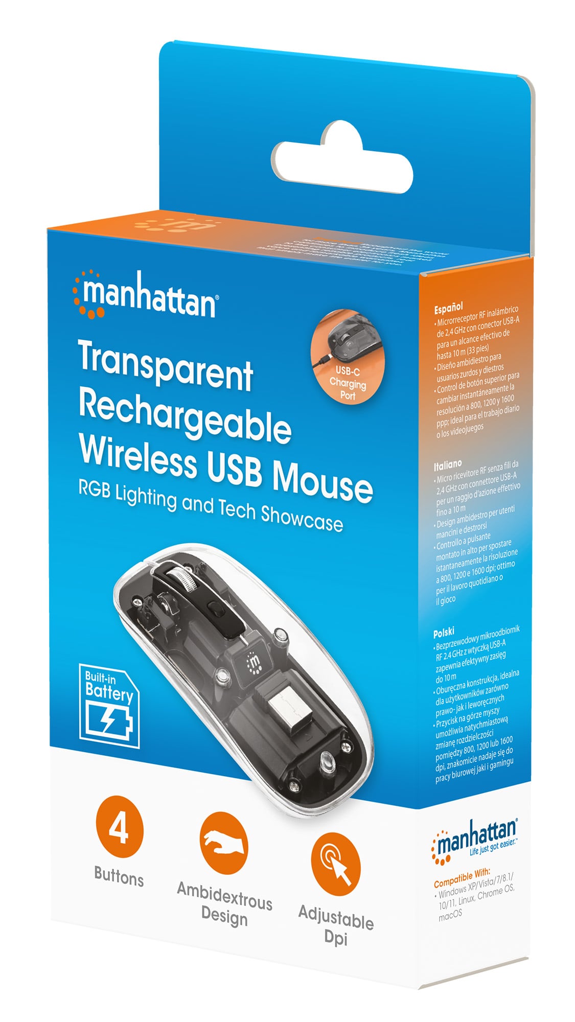 Mouse Ottico Wireless 1600 Dpi con Micro Ricevitore USB Nero Trasparente - Manhattan IM 190-TRANSP-BK