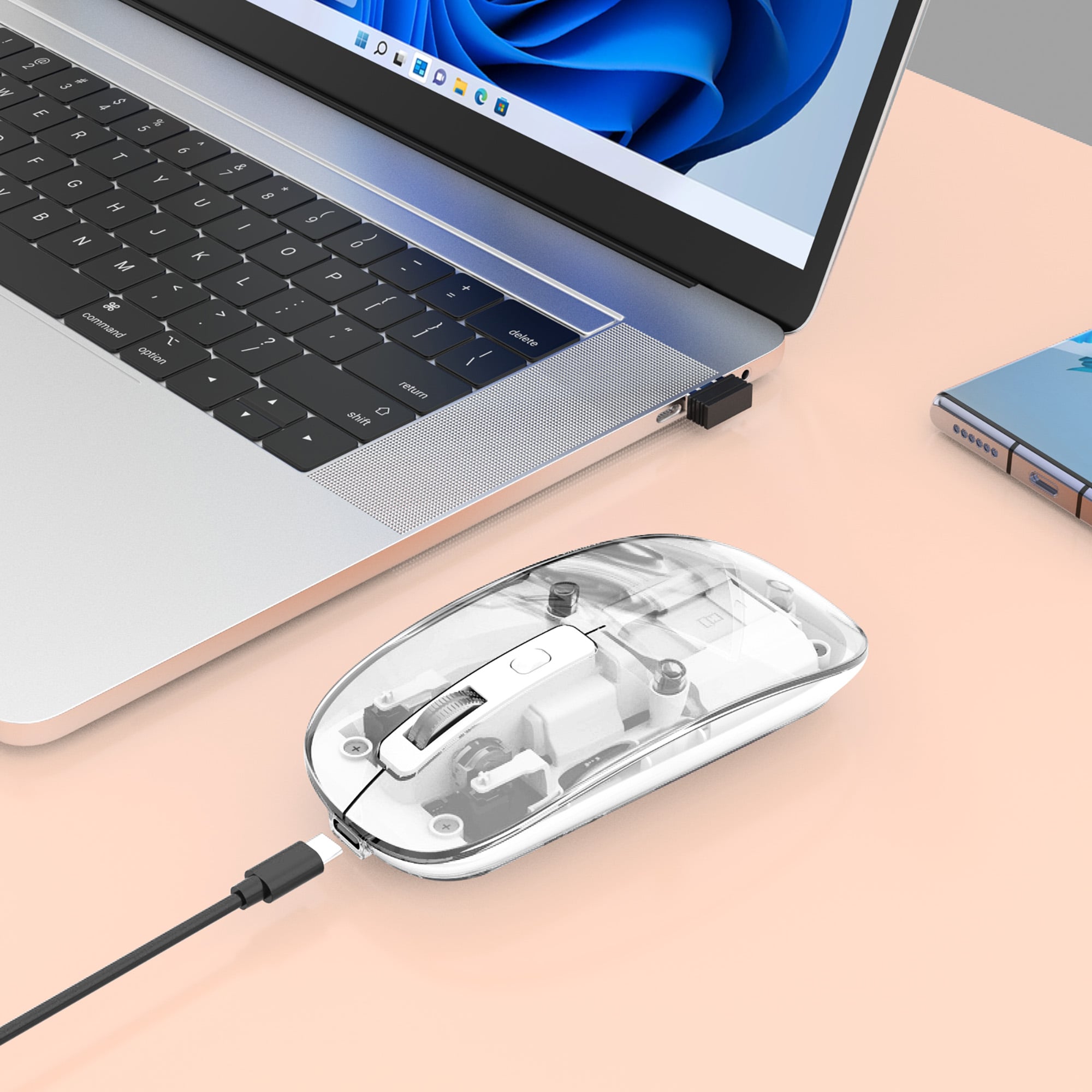 Mouse Ottico Wireless 1600 Dpi con Micro Ricevitore USB Bianco Trasparente - Manhattan IM 190-TRANSP-WH