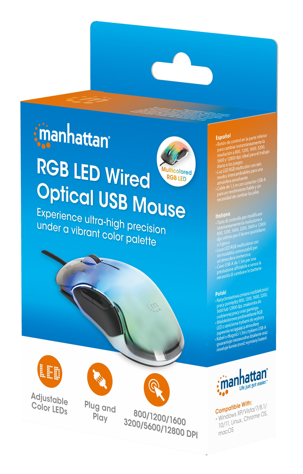 Mouse Ottico USB 12800 Dpi Retroilluminazione LED RGB - Manhattan IM 190-U-RGB