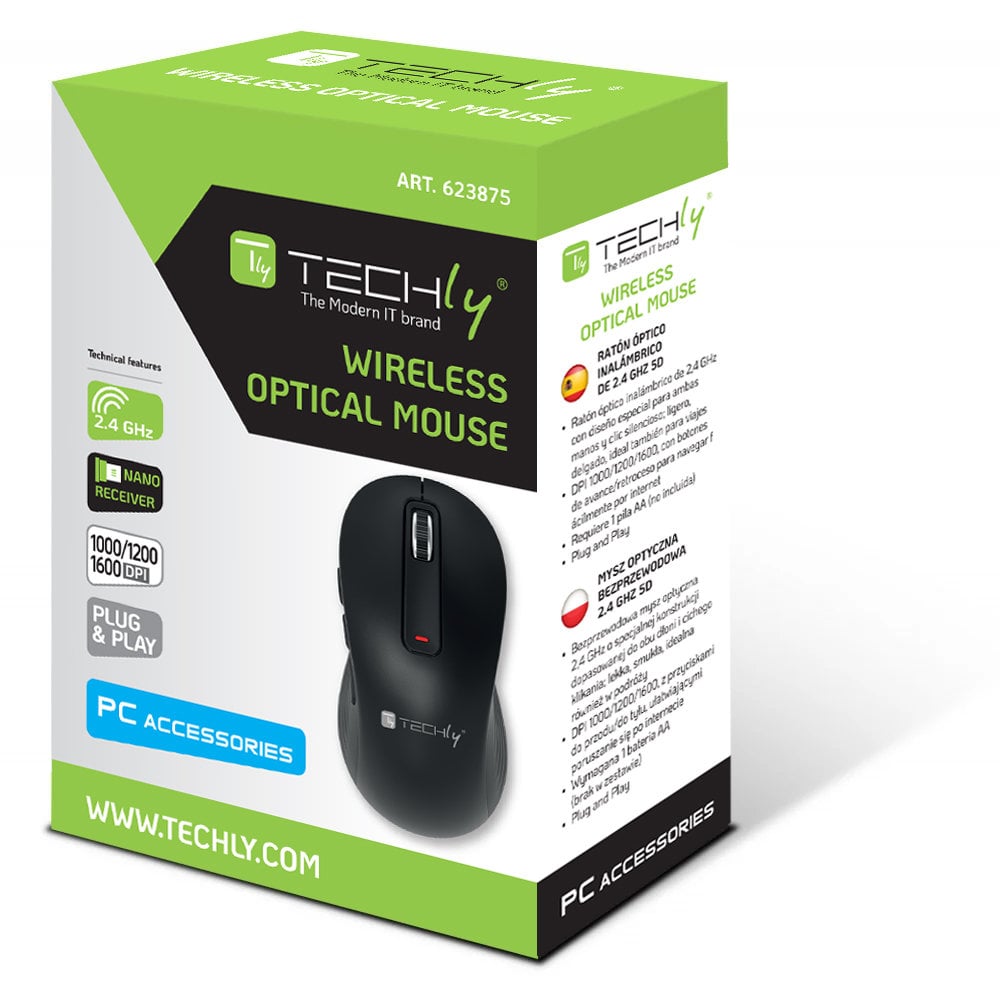 Mouse Ottico Wireless 2.4 GHZ 5D 1000/1200/1600 Dpi Nero - Techly IM 200-WL-BK