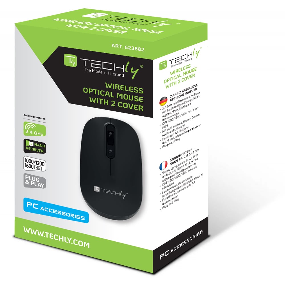 Mouse Ottico Wireless 2.4 GHZ 3D 1000/1200/1600 Dpi Nero o Bianco - Techly IM 830-WL-BW