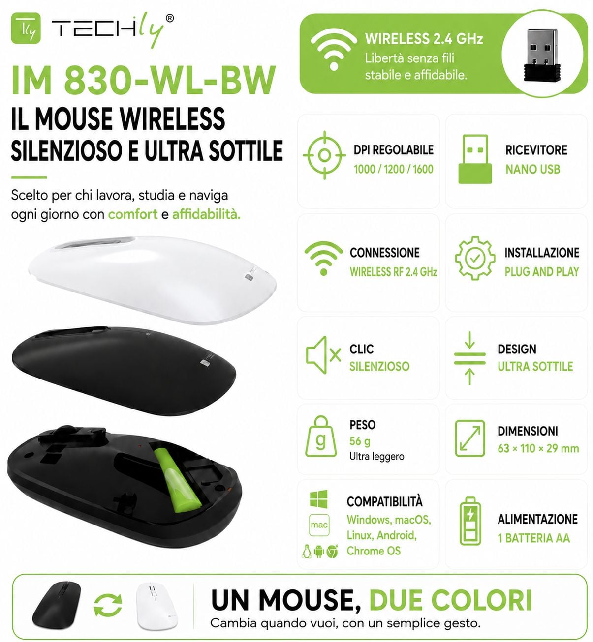 Mouse Ottico Wireless 2.4 GHZ 3D 1000/1200/1600 Dpi Nero o Bianco - Techly IM 830-WL-BW