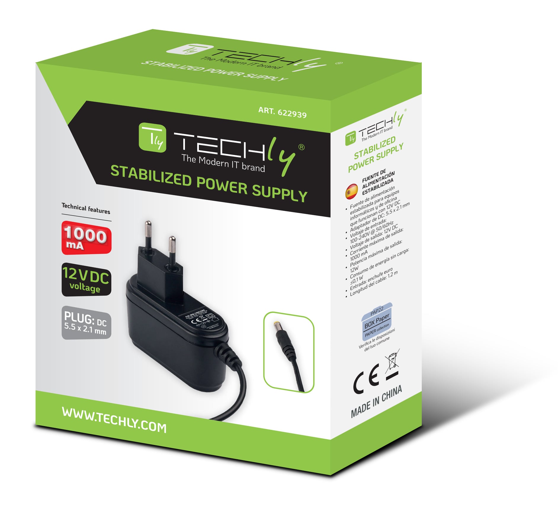 Alimentatore Universale Stabilizzato 12V 1000mA Plug 5.5 x 2.1 mm Nero - Techly IPW-12DC10AX