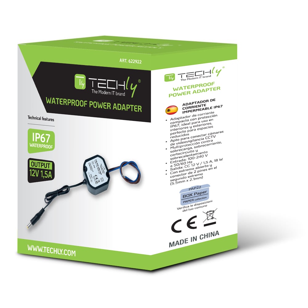 Alimentatore Impermeabile IP67 12 V / 1,5 A, 18 W Plug 5.5 x 2.1 mm Nero - Techly IPW-12DC15WP