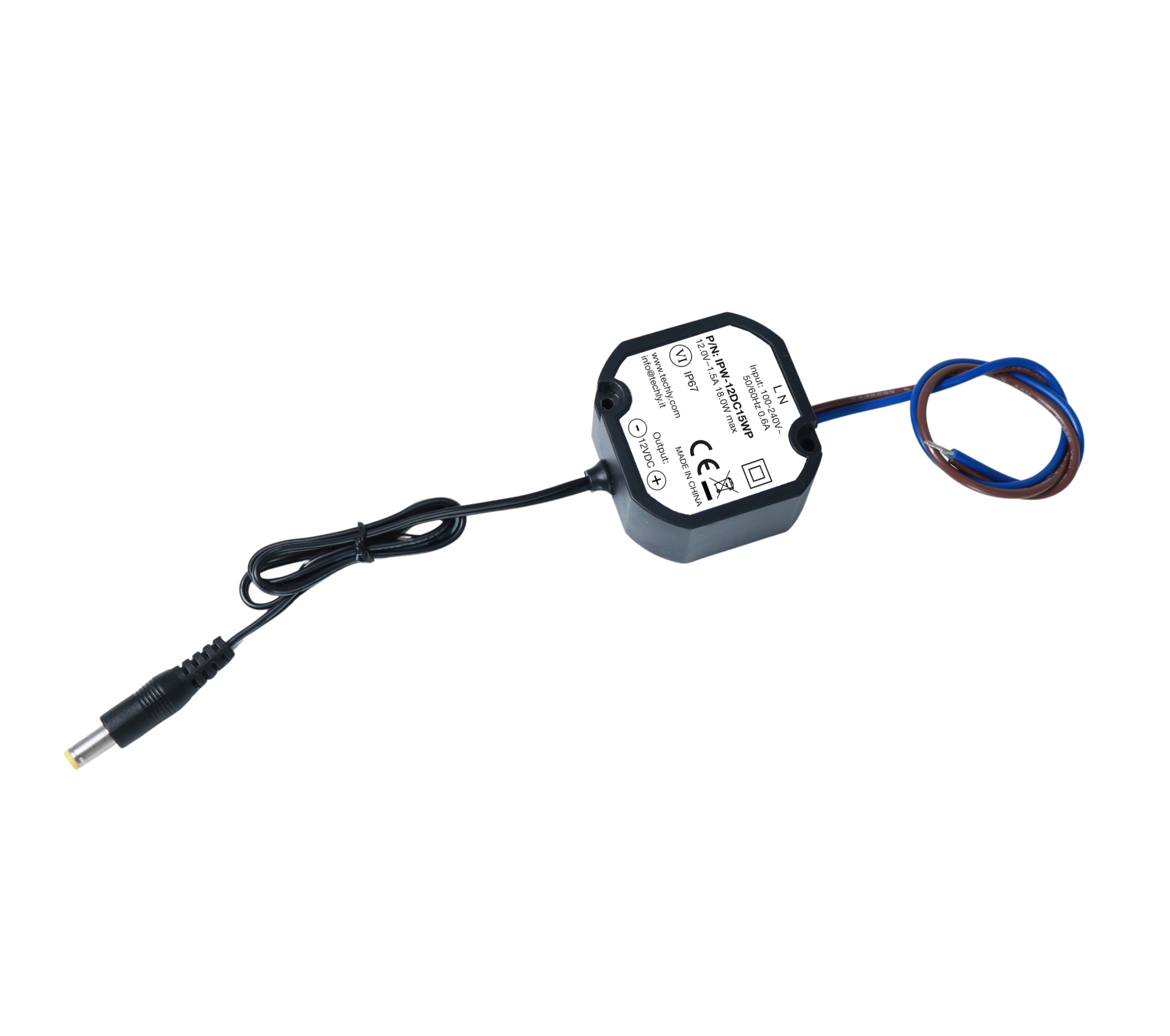 Alimentatore Impermeabile IP67 12 V / 1,5 A, 18 W Plug 5.5 x 2.1 mm Nero - Techly IPW-12DC15WP