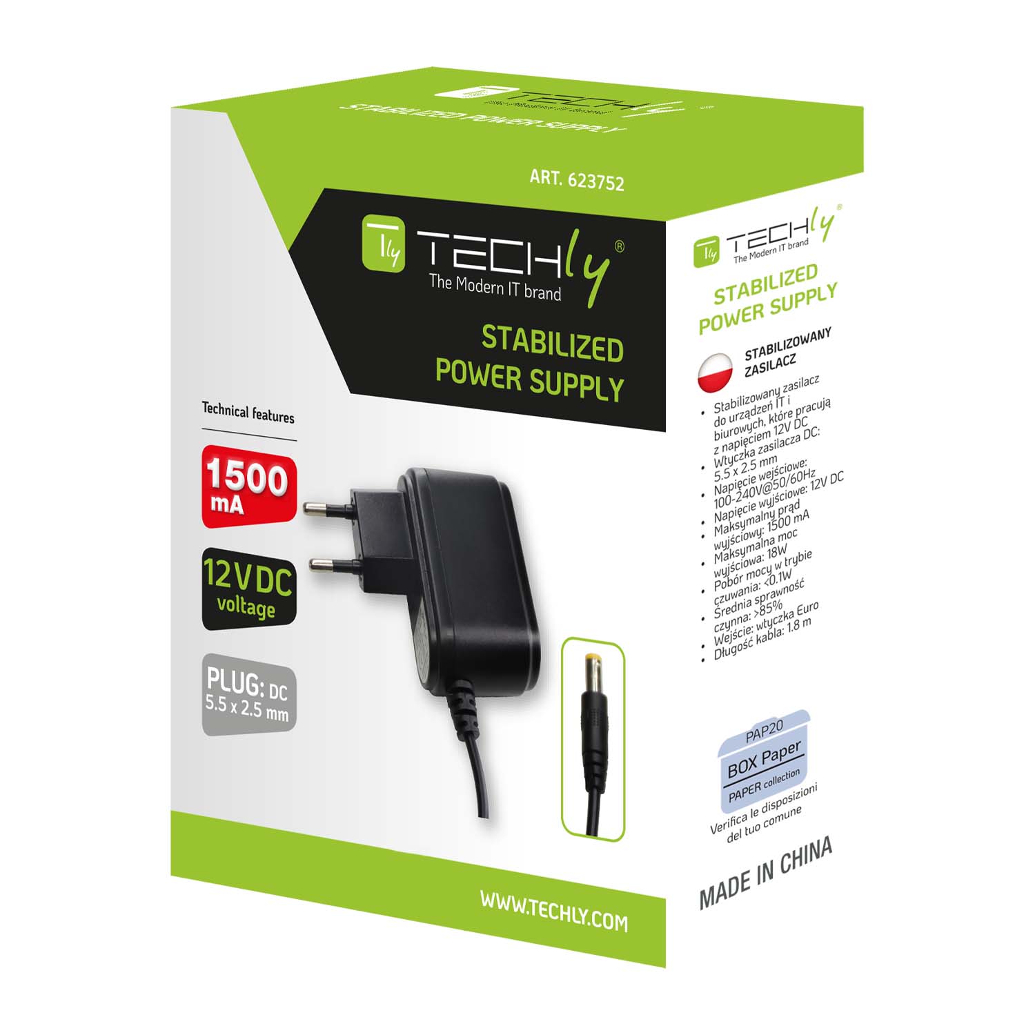 Alimentatore Stabilizzato 12V 1500mA Plug 5.5 x 2.5 mm Nero - Techly IPW-12DC1A3