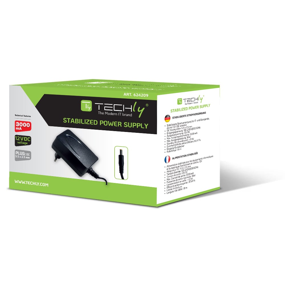 Alimentatore Switching 12V 3000mA Plug 5.5 x 2.5 mm Nero - Techly IPW-12DC3AX