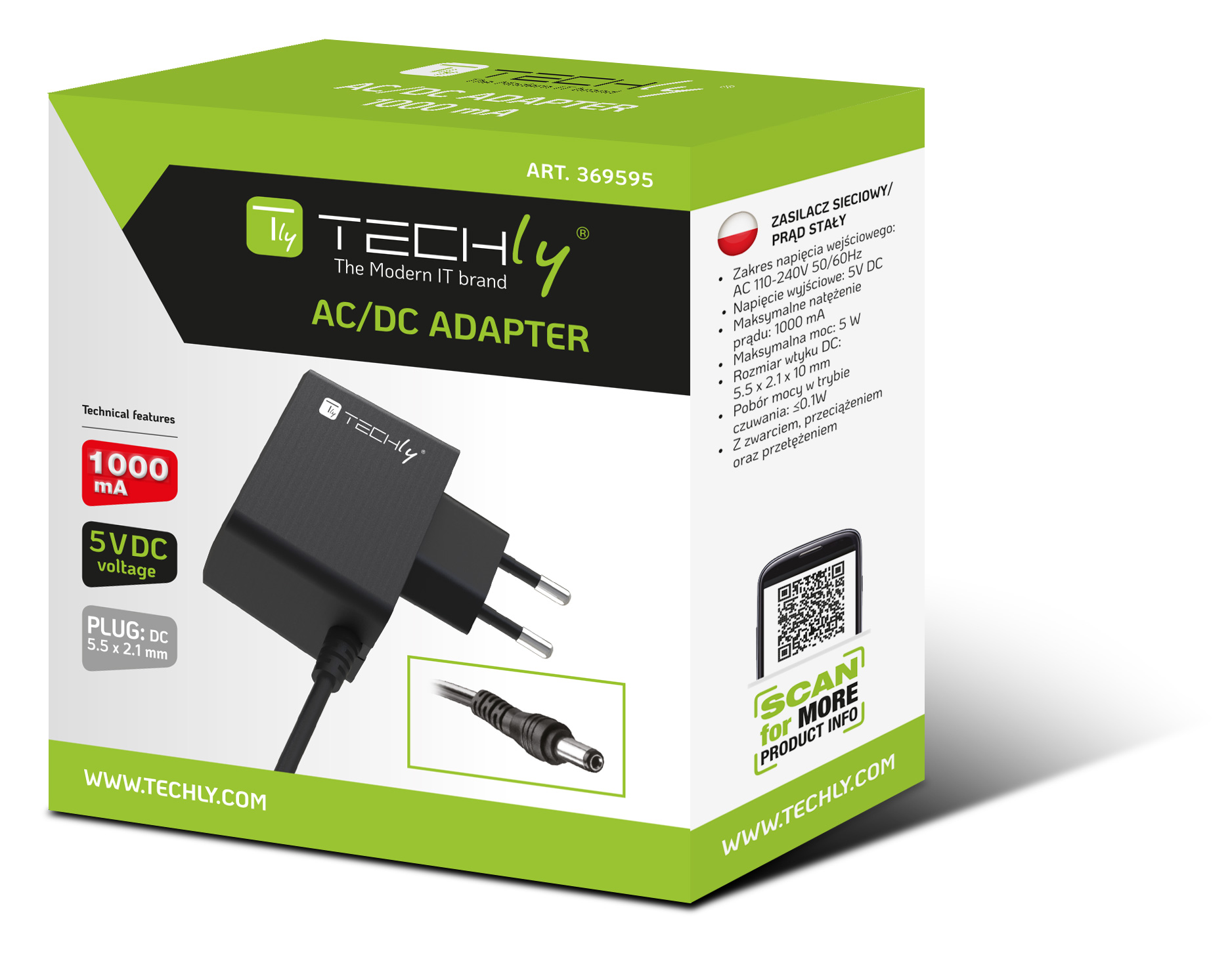 Alimentatore AC/DC 5V 1A Plug 5.5x2.1 mm Slim Nero - Techly IPW-5V1ATY2