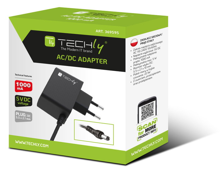 Alimentatore AC/DC 5V 1A Plug 5.5x2.1 mm Slim Nero - Techly IPW-5V1ATY2