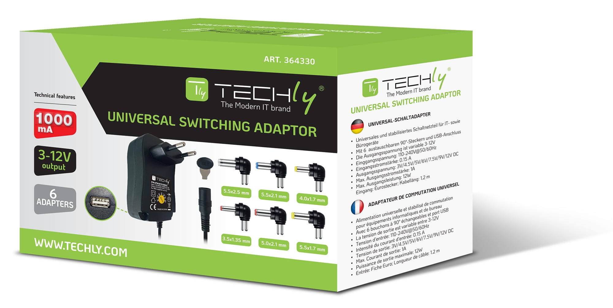 Alimentatore Universale Regolabile 12W AC/DC 3V-12V 1000 mA con 6 Spine DC Porta USB 1A - Techly IPW-NTS1000G2