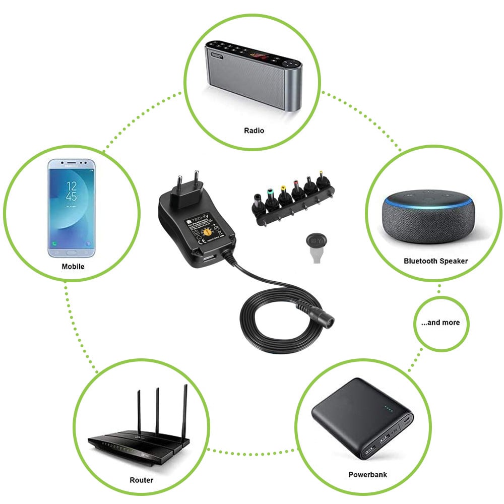 Alimentatore Universale Regolabile 12W AC/DC 3V-12V 1000 mA con 6 Spine DC Porta USB 1A - Techly IPW-NTS1000G2