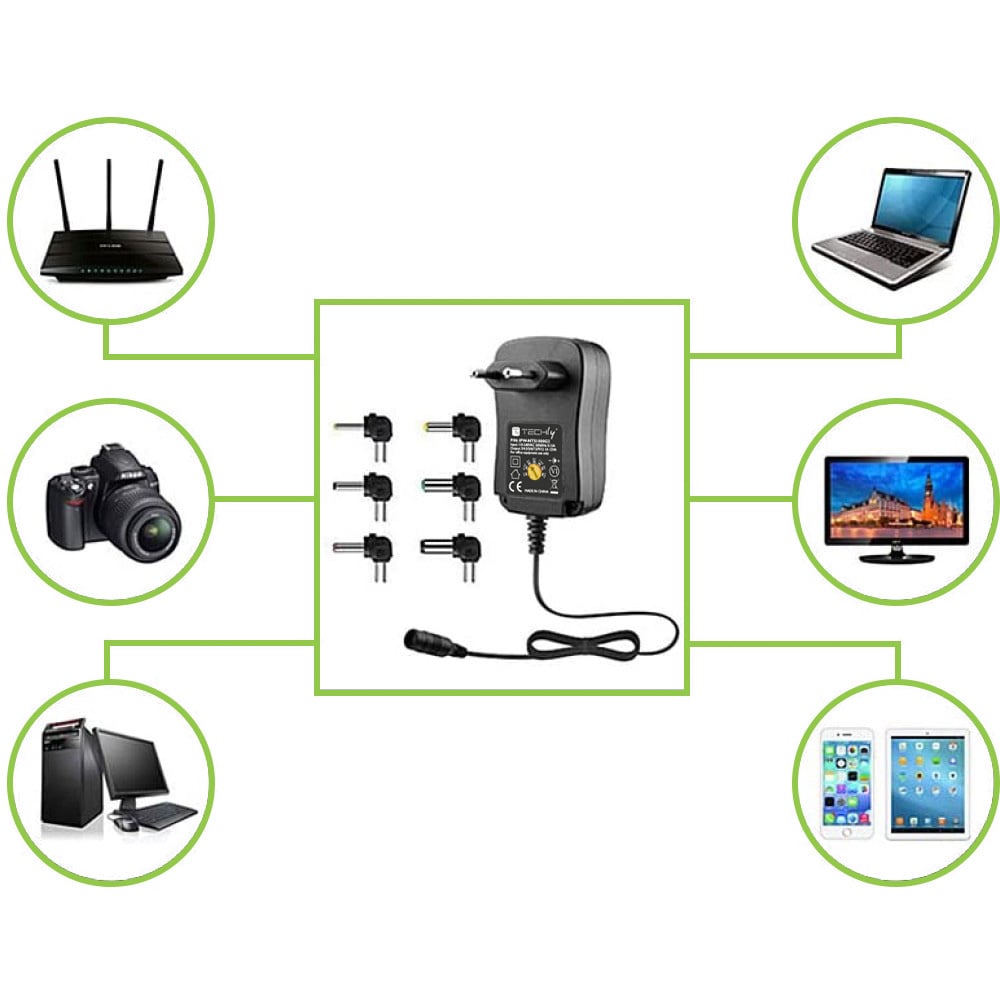 Alimentatore Universale Regolabile 7,2W AC/DC 3V-12V 600 mA con 6 Spine DC Porta USB 1A - Techly IPW-NTS600G2