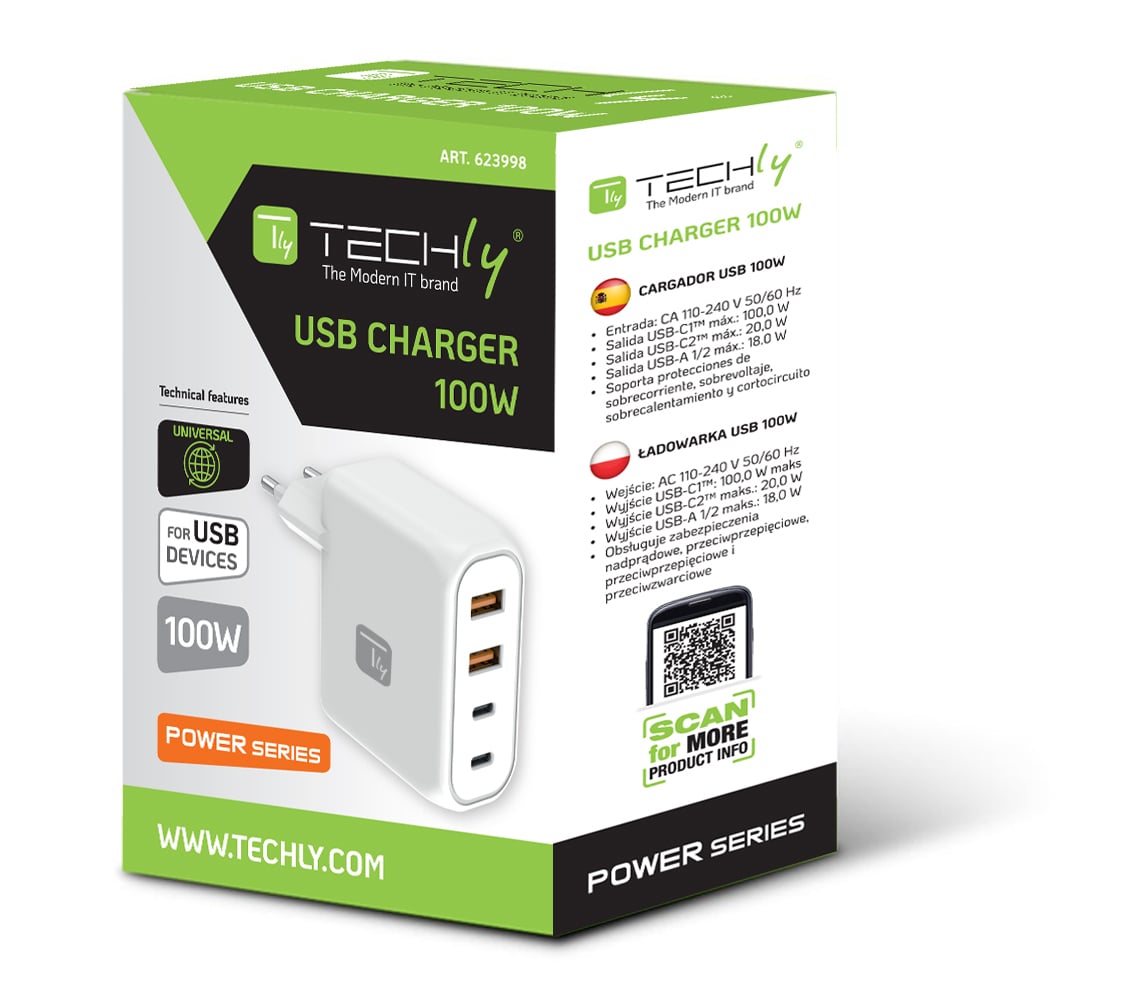 Caricatore Alimentatore 2 Porte USB-C™ e 2 Porte USB-A da Muro 100W per Smartphone o Tablet - Techly IPW-PD100W-2A2CW