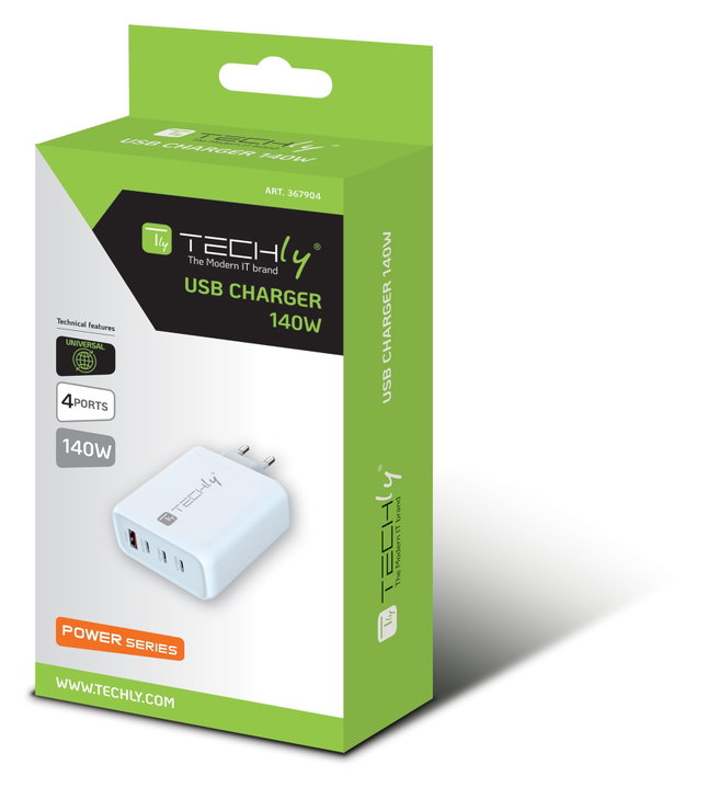 Caricatore GaN 140W 3x USB-C + 1x USB-A Bianco - Techly IPW-PD140W-WH