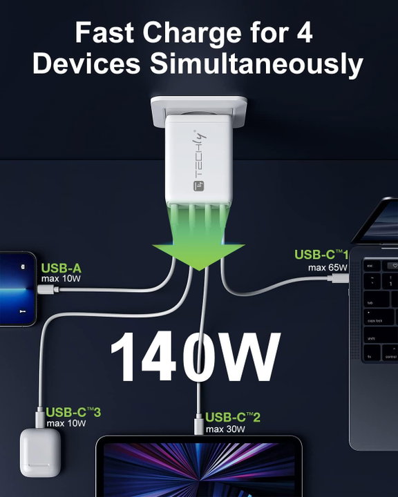 Caricatore GaN 140W 3x USB-C + 1x USB-A Bianco - Techly IPW-PD140W-WH