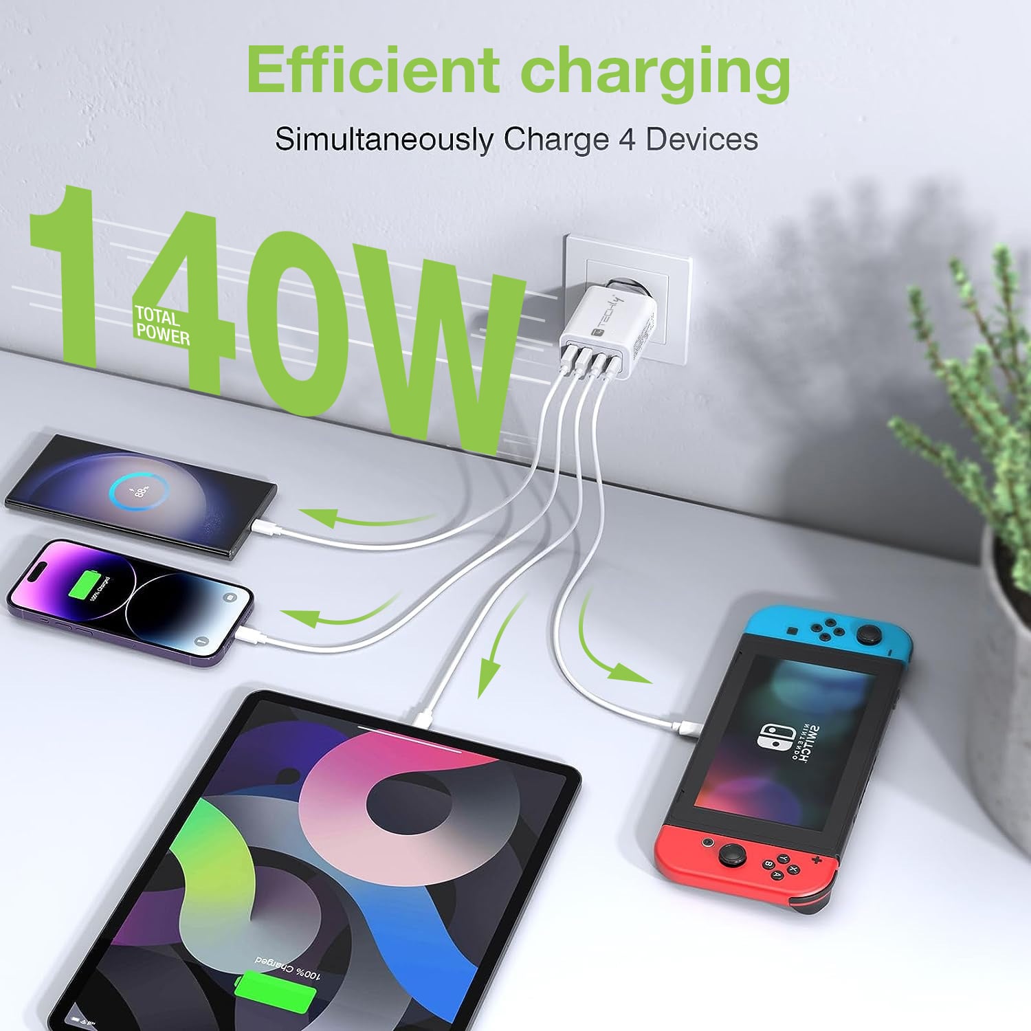 GAN 140 W 3 x USB-C + 1 x USB-A White - Techly IPW-PD 140 W-WH