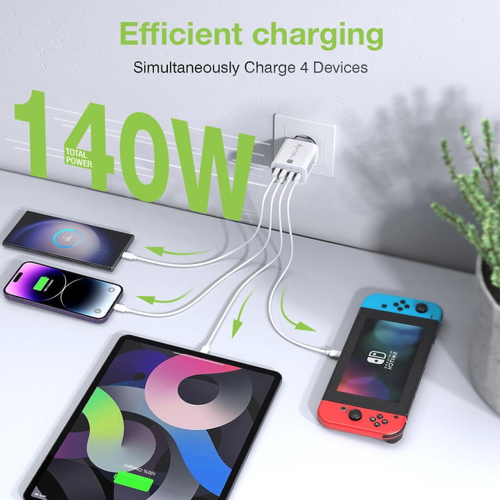 Caricatore GaN 140W 3x USB-C + 1x USB-A Bianco - Techly IPW-PD140W-WH
