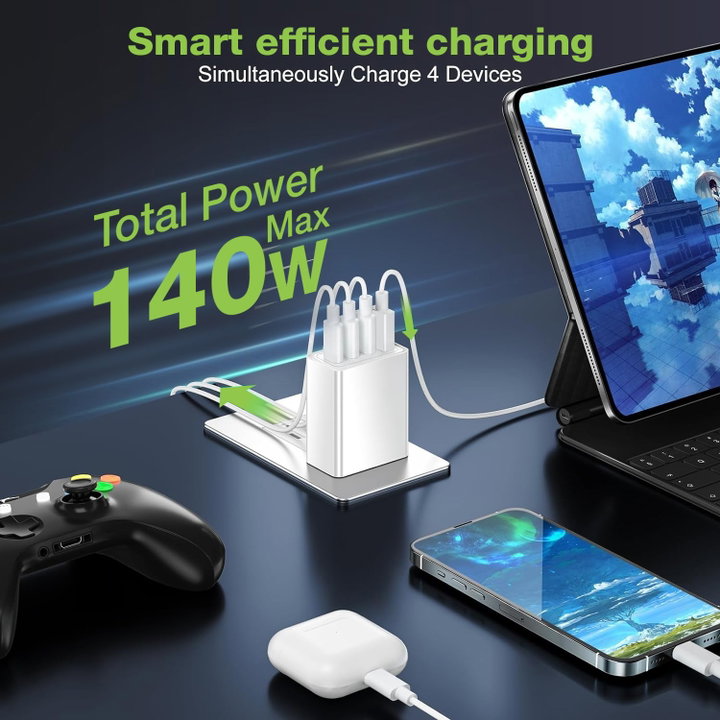 Caricatore GaN 140W 3x USB-C + 1x USB-A Bianco - Techly IPW-PD140W-WH