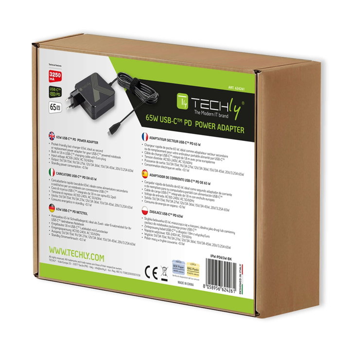 USB-C Power Delivery PD 3.0 65 W power supply for smartphones and notebooks - Techly IPW-PD 65 W-BK