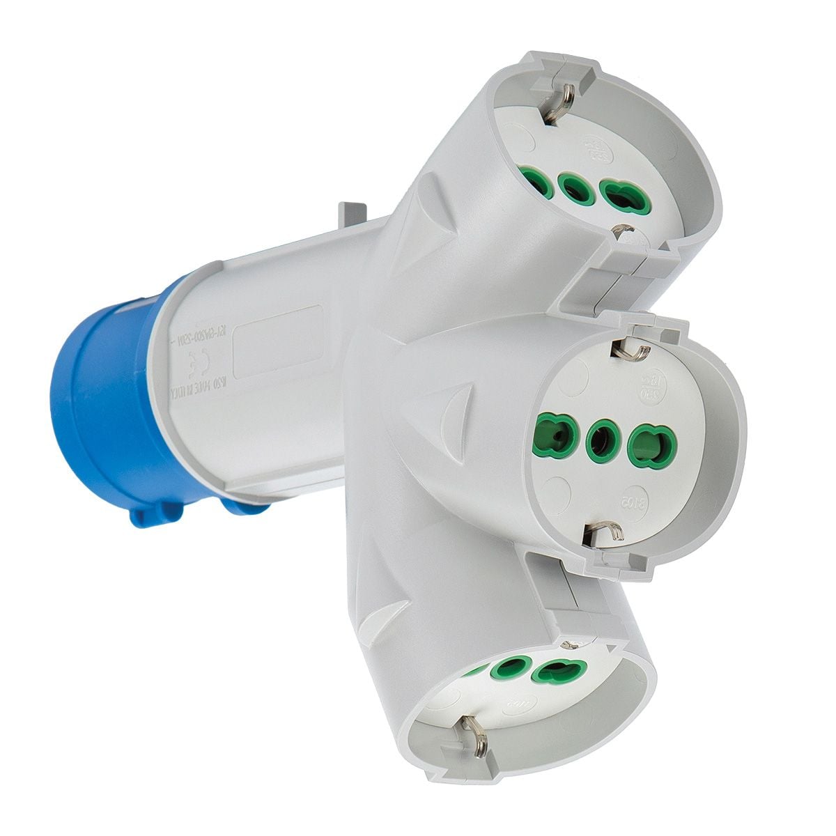 Triplex Industrial Adapter from Italian Spina 16 A to 3 Schuko Bipasso sockets - FME IPW-SP- 7309