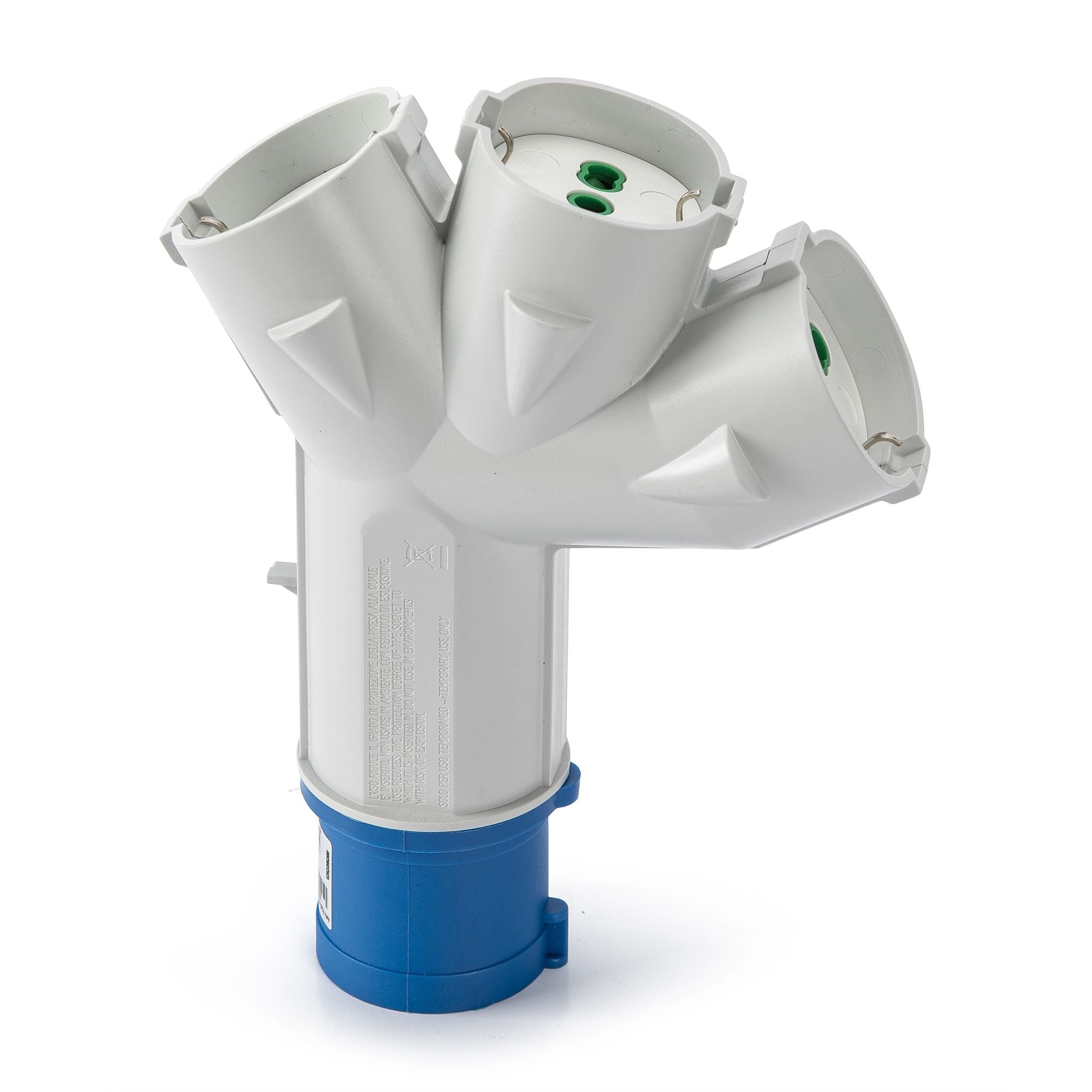 Triplex Industrial Adapter from Italian Spina 16 A to 3 Schuko Bipasso sockets - FME IPW-SP- 7309